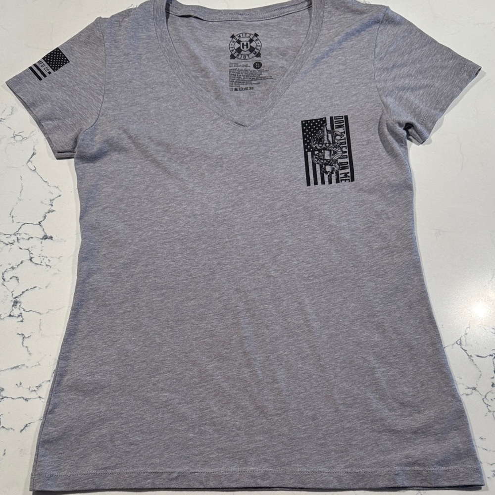 Heather Gray V-Neck Graphic Tee with Flag Accent